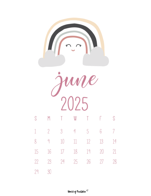 June 2025 Calendar With Pastel Rainbow and Pink Script Font