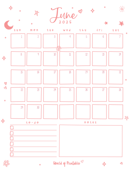 June 2025 Calendar With Pink Outline and to-Do and Notes Sections
