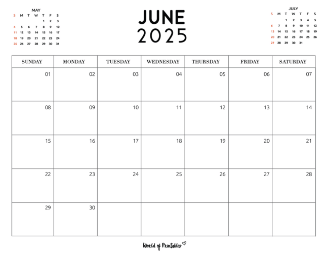 June 2025 Calendar With Previous and Next Month Mini Calendars