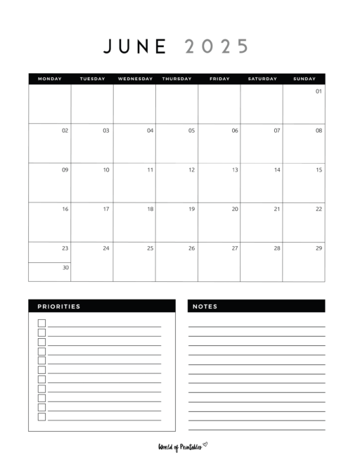 June 2025 Calendar With Priorities and Notes Sections and Starting Monday.