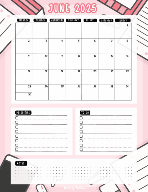 June 2025 Calendar With Priorities and to-Do and and Notes Sections on Pink Background