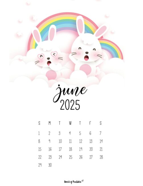 June 2025 Calendar With a Cute Bunny Rainbows and Balloons