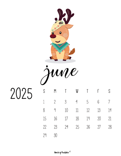 June 2025 Calendar With a Cute Deer