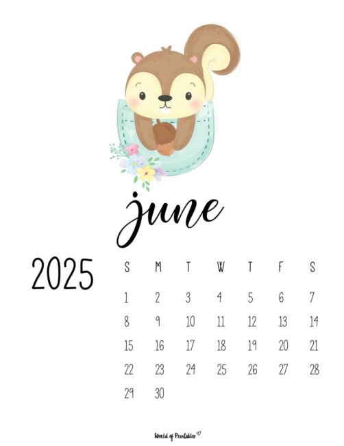 June 2025 Calendar With a Cute and Cozy Animal and Floral Design