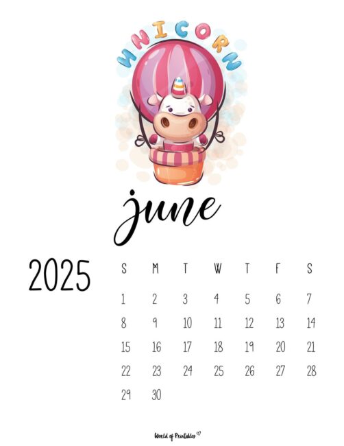 June 2025 Calendar With a Unicorn in a Hot Air Balloon