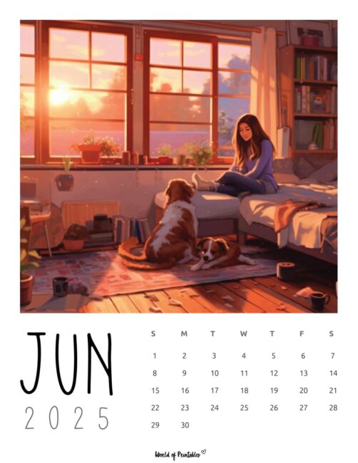 June 2025 Calendar With an Anime Girl in Room Illustration