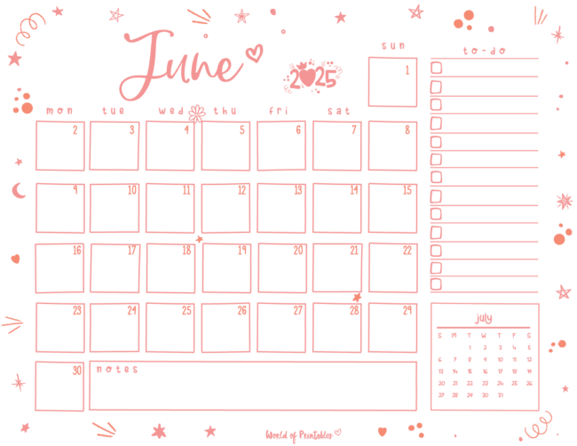 June 2025 Calendar With to-Do List Note and February Preview in a Pink Theme