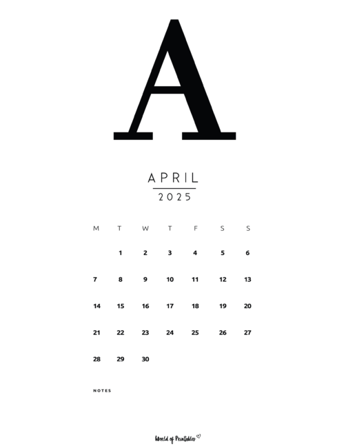 Large A for April Simple 2025 Calendar With Notes Section