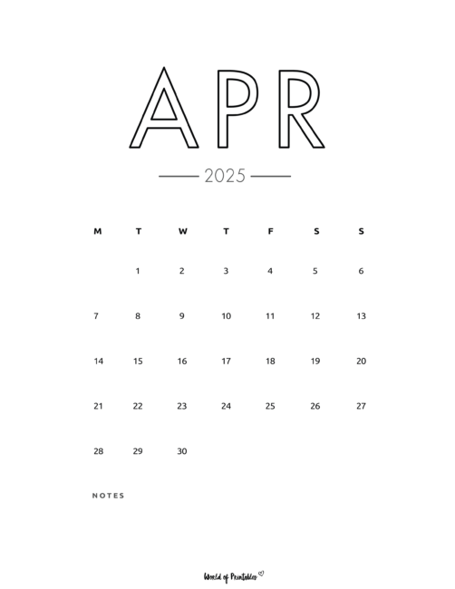 Large Apr Text Minimalist April 2025 Calendar With Notes Section