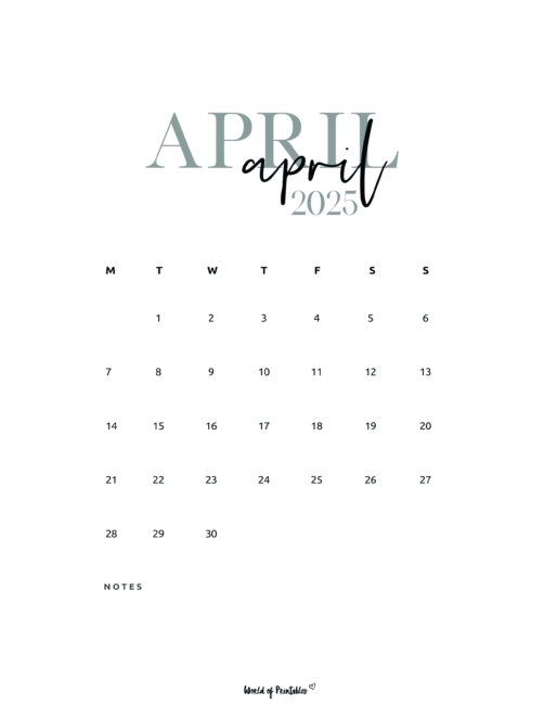 Large April Text, Minimalist April 2025 Calendar With Notes Section