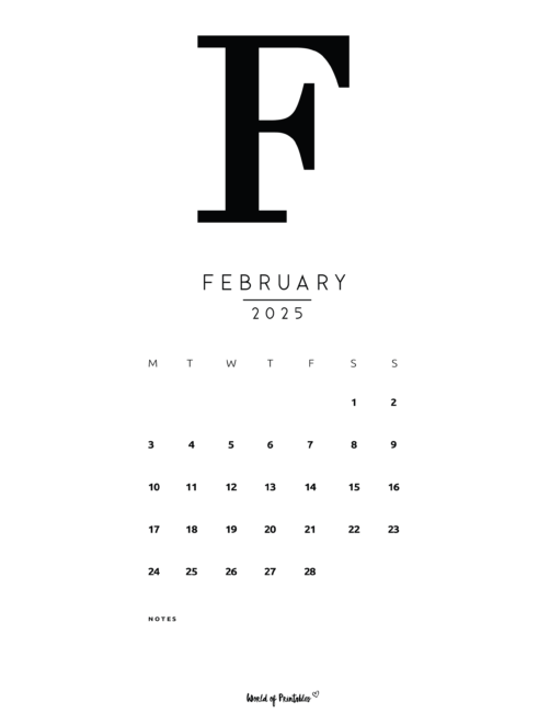 Large F for february simple 2025 calendar with notes section
