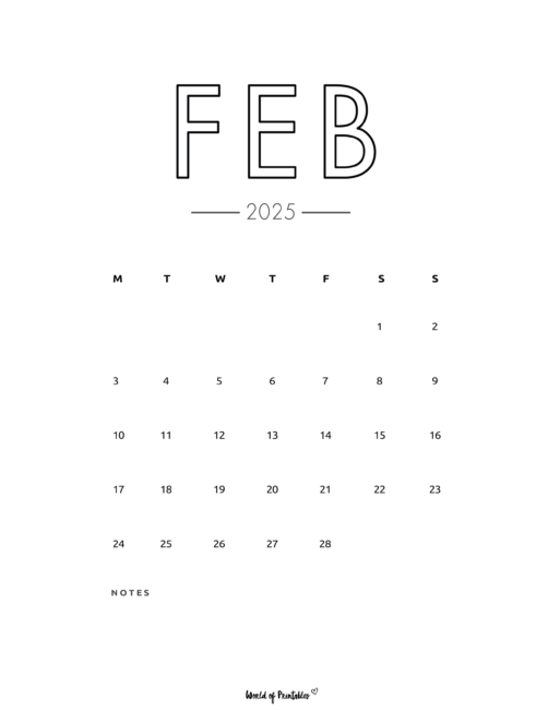 Large FEB text minimalist february 2025 calendar with notes section