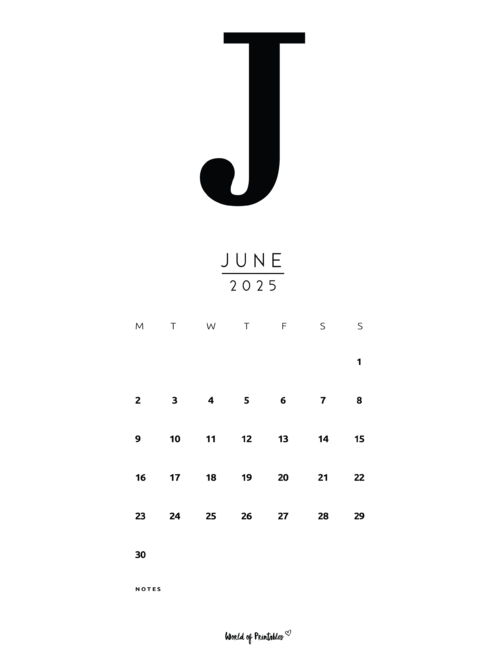 Large J for June Simple 2025 Calendar With Notes Section