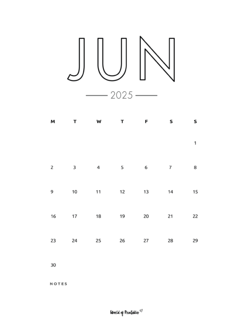 Large Jun Text Minimalist June 2025 Calendar With Notes Section