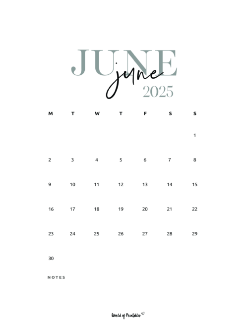 Large June Text, Minimalist June 2025 Calendar With Notes Section