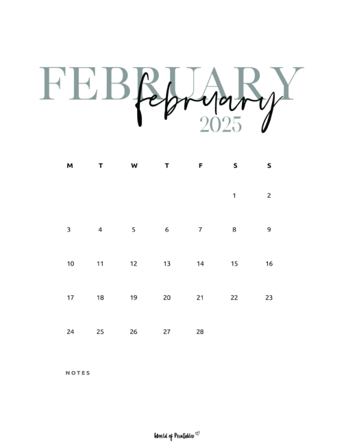 Large february text, minimalist February 2025 calendar with notes section