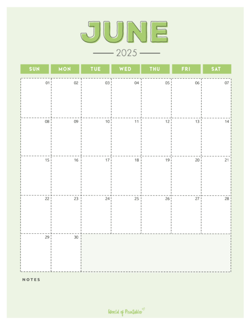 Light Blue Green 2025 Calendar With Dashed Lines Bold Header and Notes Section