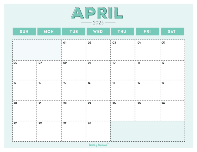 Light Teal April 2025 Calendar With Dashed Lines and Bold Header
