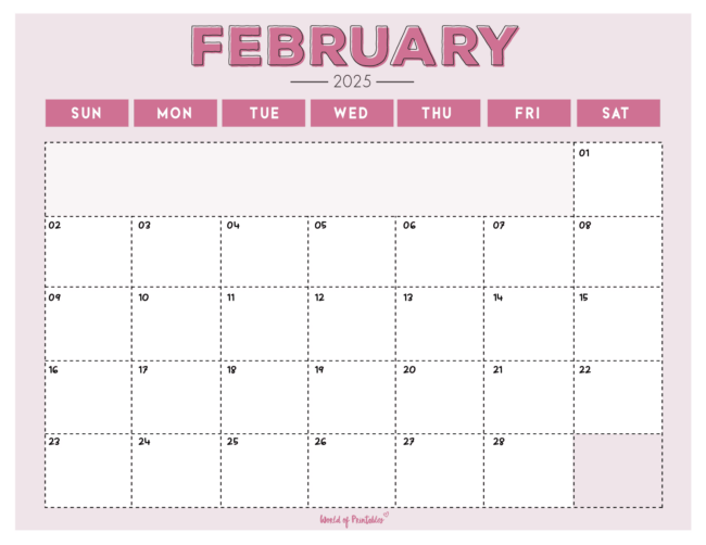 Light blue february 2025 calendar with dashed lines and bold header