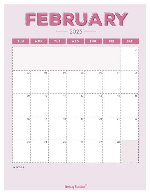 Light blue february 2025 calendar with dashed lines bold header and notes section