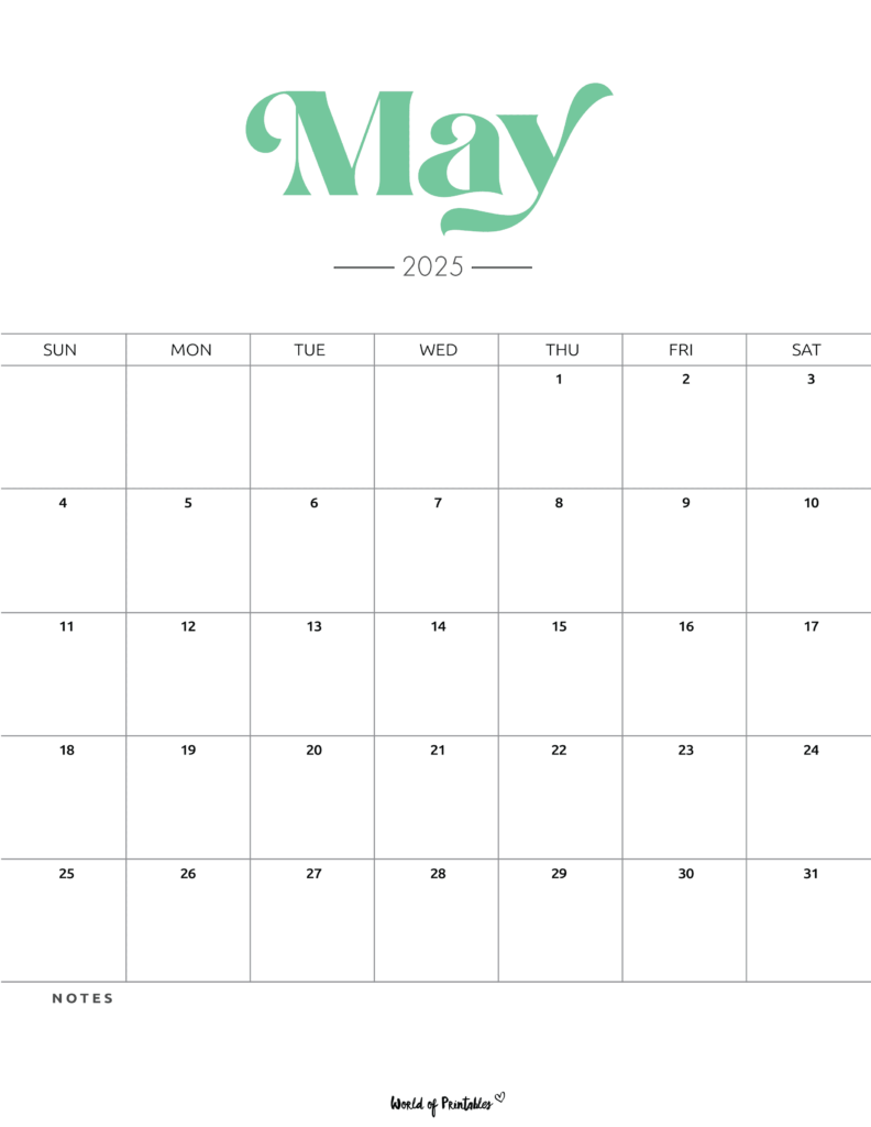 May 2025 Calendar With Bold Header in a Minimalistic Design With a Notes Section