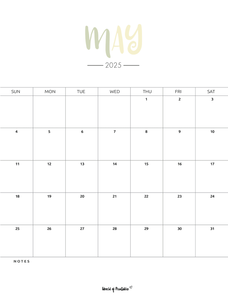 May 2025 Calendar With Colorful Header and Minimalistic Design and a Notes Section