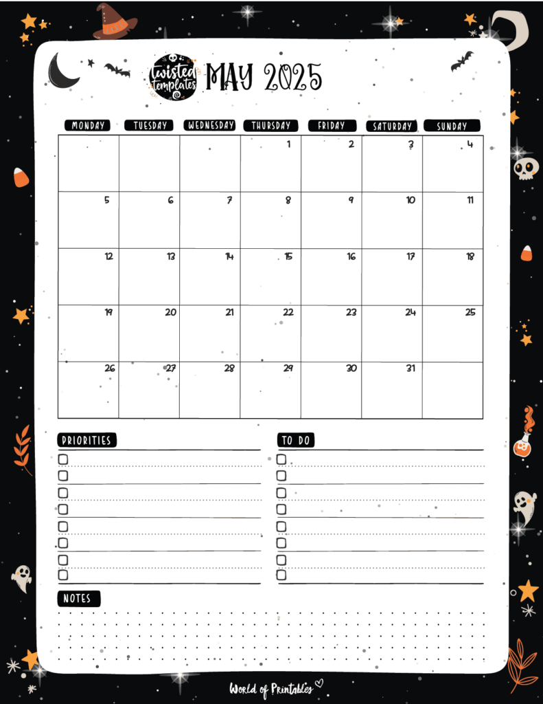 May 2025 Calendar With Halloween Theme With Priorities and to-Do List and Notes