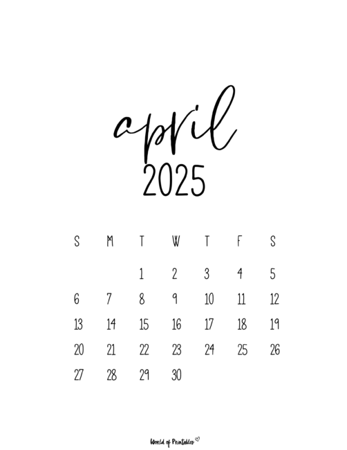 Minimalist April 2025 Calendar With Black Handwritten Font