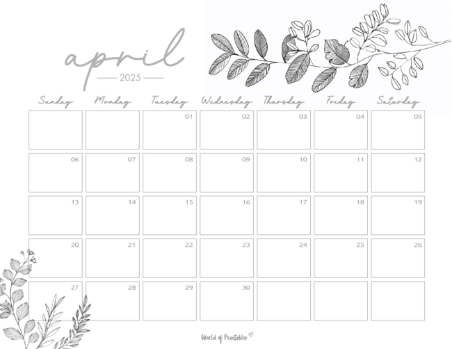 Minimalist April 2025 Calendar With Botanical Illustrations and Handwritten-Style Font