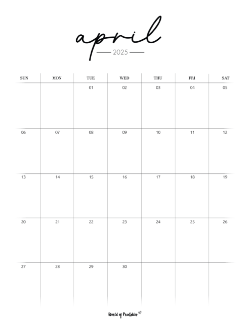 Minimalist April 2025 Calendar With Cursive Header and Spacious Layout for Notes
