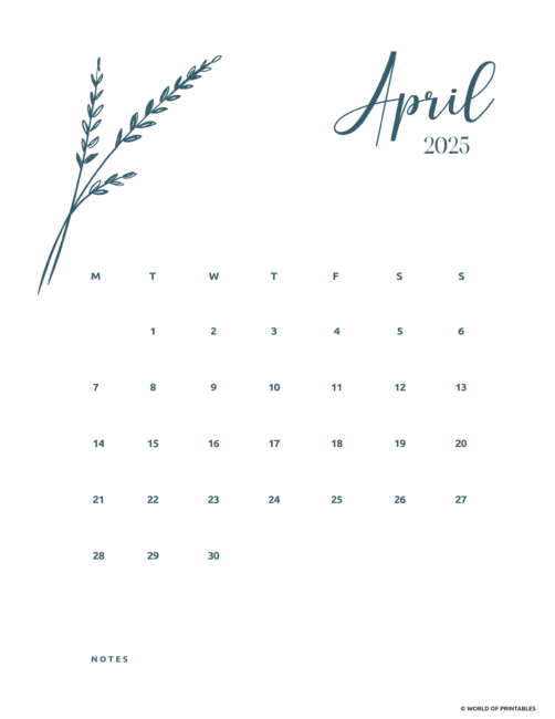 Minimalist April 2025 Calendar With Floral Illustration and Notes Section
