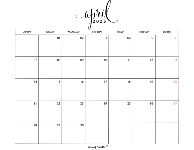 Minimalist April 2025 Calendar With Handwritten Header and Red Sundays