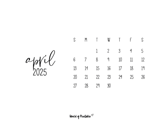 Minimalist April 2025 Calendar With Horizontal Layout and Handwritten Font