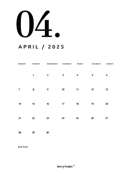 Minimalist April 2025 Calendar With Large Date and Notes Section