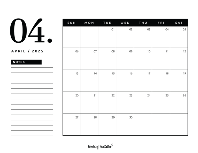 Minimalist April 2025 Calendar With Large Date and Notes Section on Left