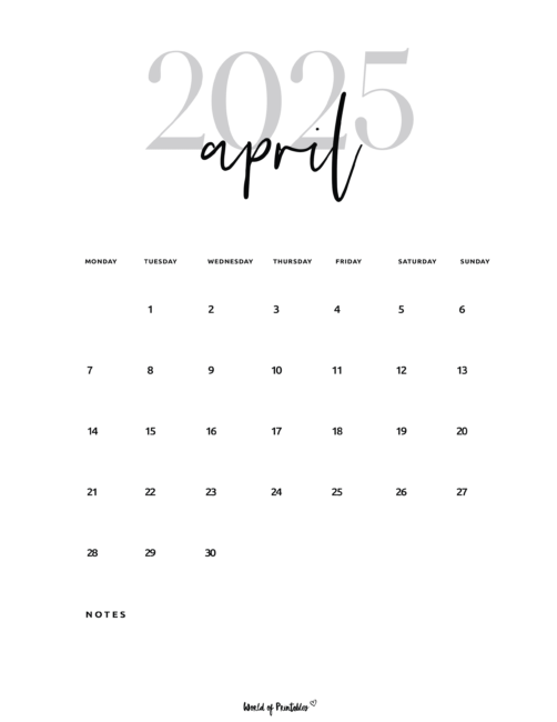 Minimalist April 2025 Calendar With Large Year and Notes Section