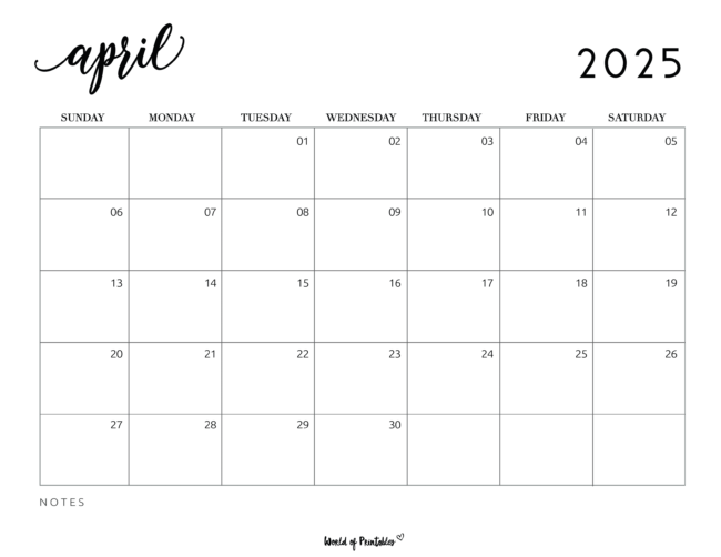 Minimalist April 2025 Calendar With Notes Section and Elegant Script