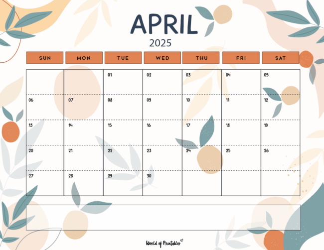 Minimalist April 2025 Calendar With Orange Accents and Leaf Illustrations