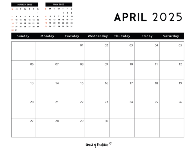Minimalist April 2025 Calendar With Previews for Following Month