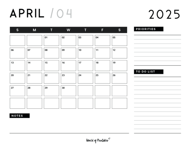 Minimalist April 2025 Calendar With Priorities and to-Do List and Notes Sections