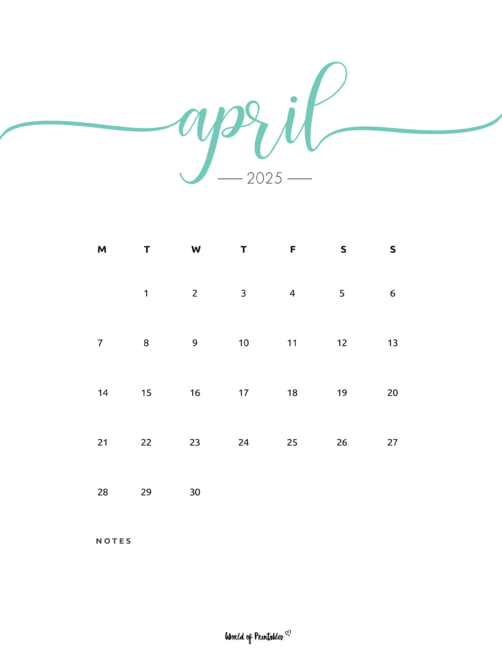 Minimalist April 2025 Calendar With Teal Header and Days of the Week and Notes Sections