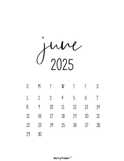 Minimalist June 2025 Calendar With Black Handwritten Font