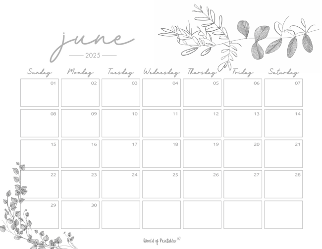 Minimalist June 2025 Calendar With Botanical Illustrations and Handwritten-Style Font