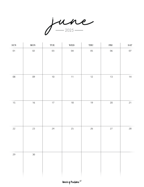 Minimalist June 2025 Calendar With Cursive Header and Spacious Layout for Notes