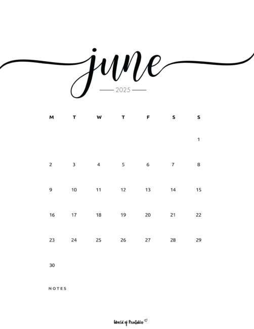 Minimalist June 2025 Calendar With Days of the Week and Notes Section