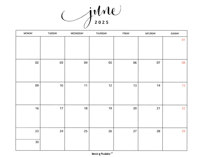 Minimalist June 2025 Calendar With Handwritten Header and Red Sundays