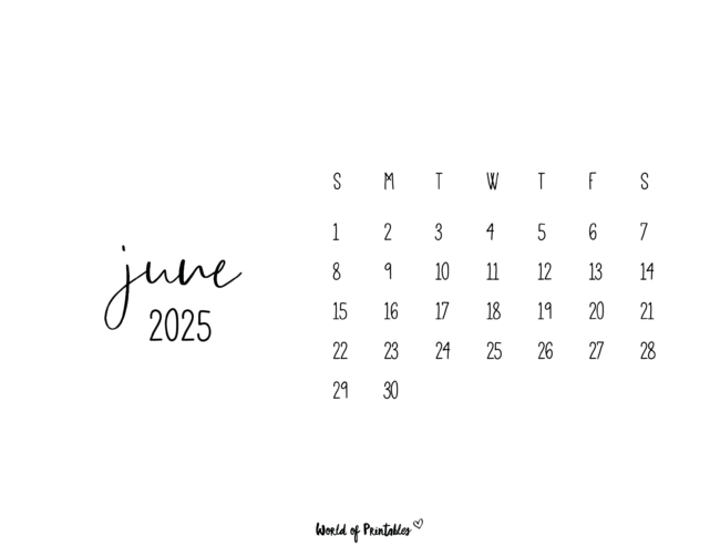 Minimalist June 2025 Calendar With Horizontal Layout and Handwritten Font