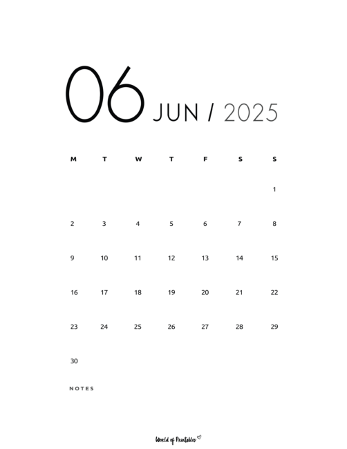 Minimalist June 2025 Calendar With Large Date and Notes Section