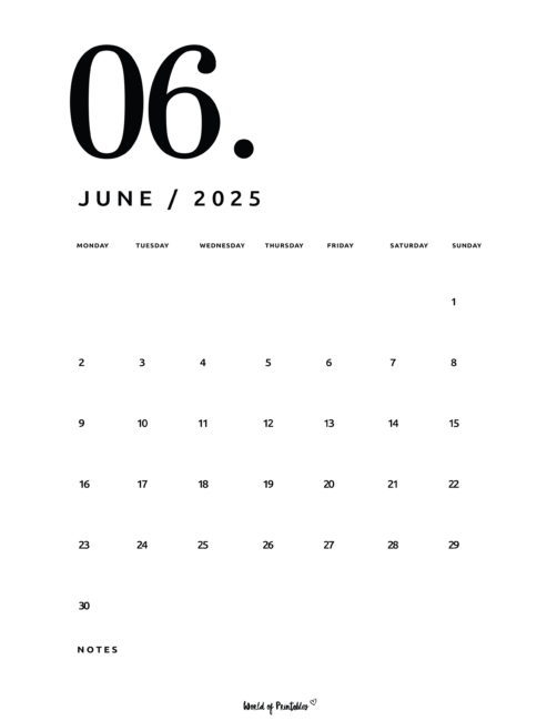 Minimalist June 2025 Calendar With Large Date and Notes Section
