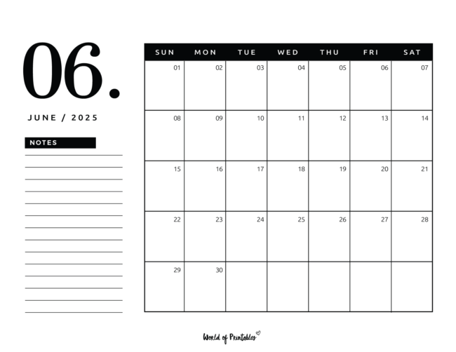 Minimalist June 2025 Calendar With Large Date and Notes Section on Left